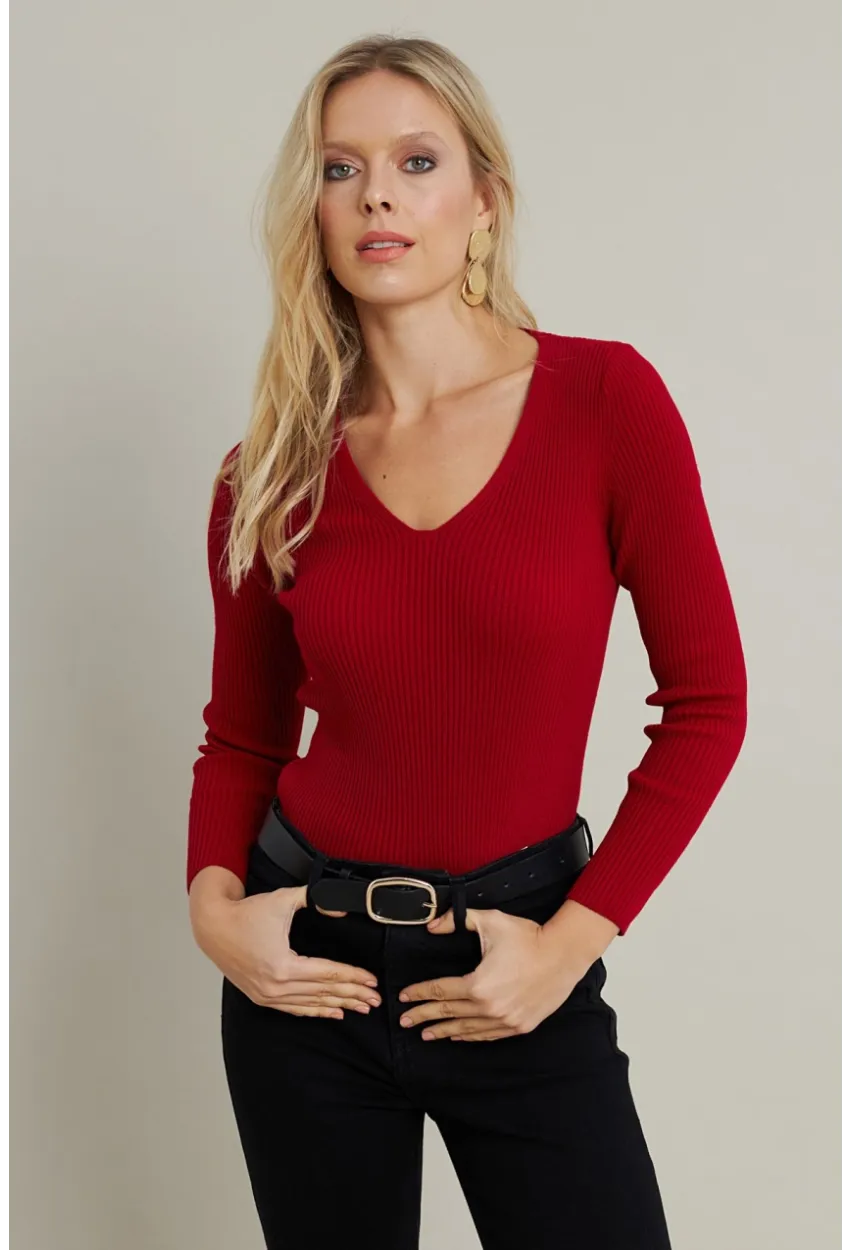Kadın Kırmızı V Yaka Triko Bluz YV284