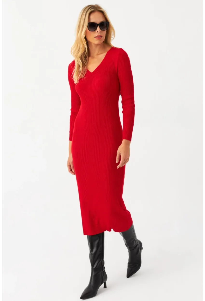 Kadın Kırmızı V Yaka Triko Midi Elbise MYİL560