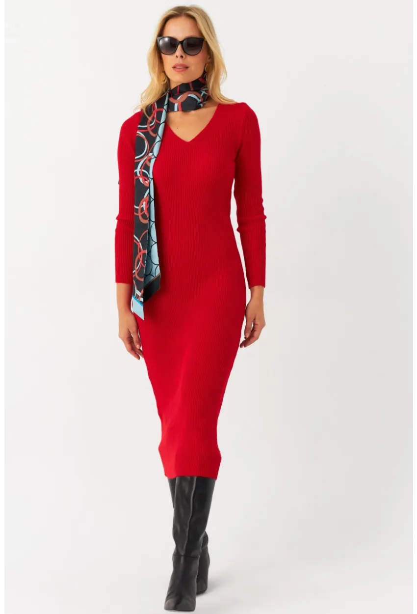 Kadın Kırmızı V Yaka Triko Midi Elbise YİL560