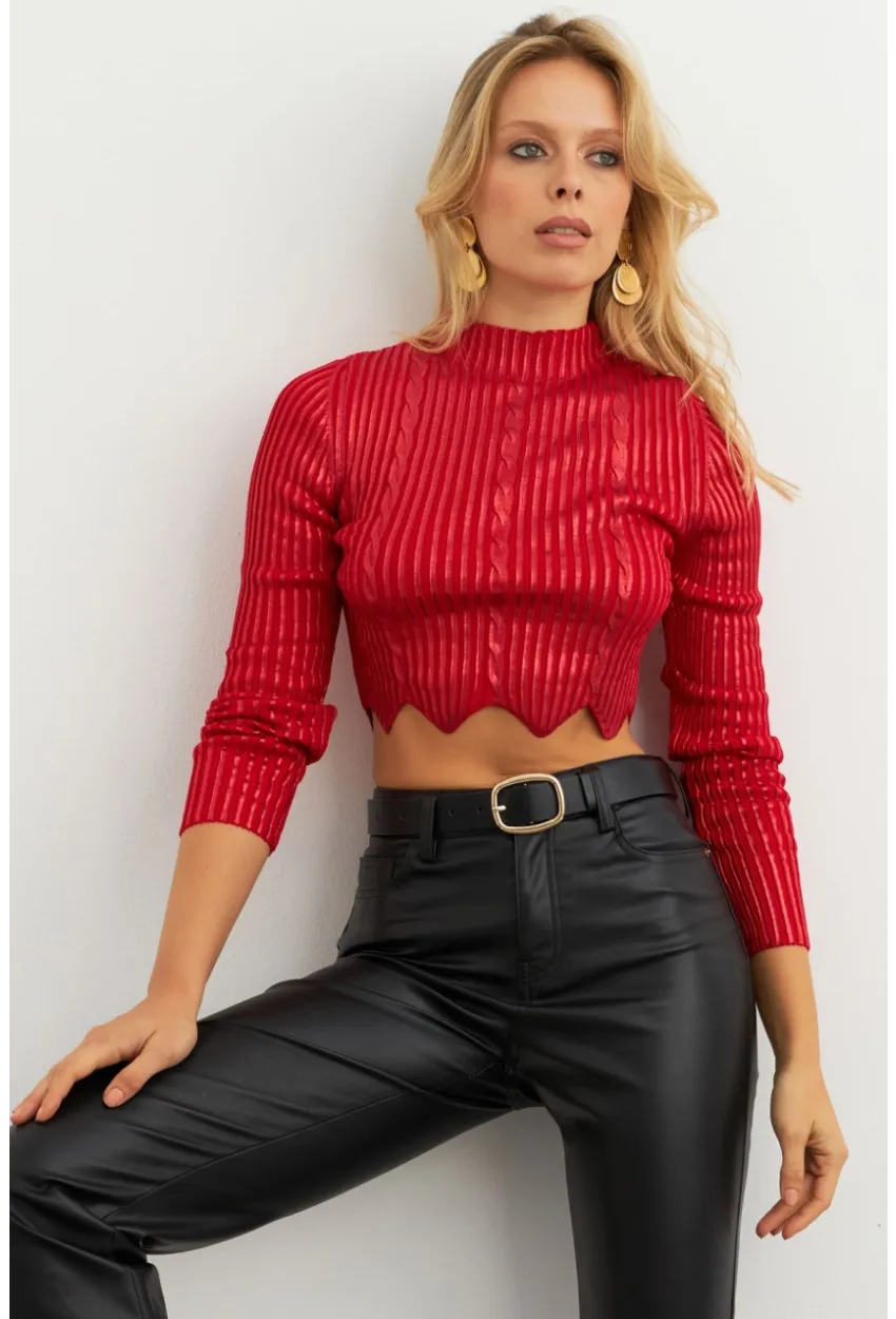 Kadın Kırmızı Vatkalı Triko Bluz RM612