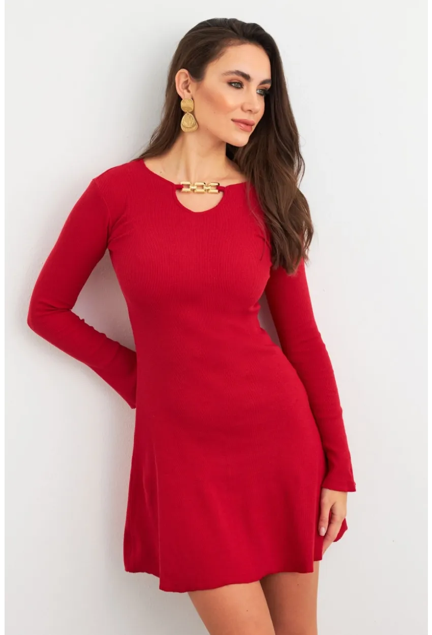 Kadın Kırmızı Yakası Aksesuarlı Mini Elbise FRY2267