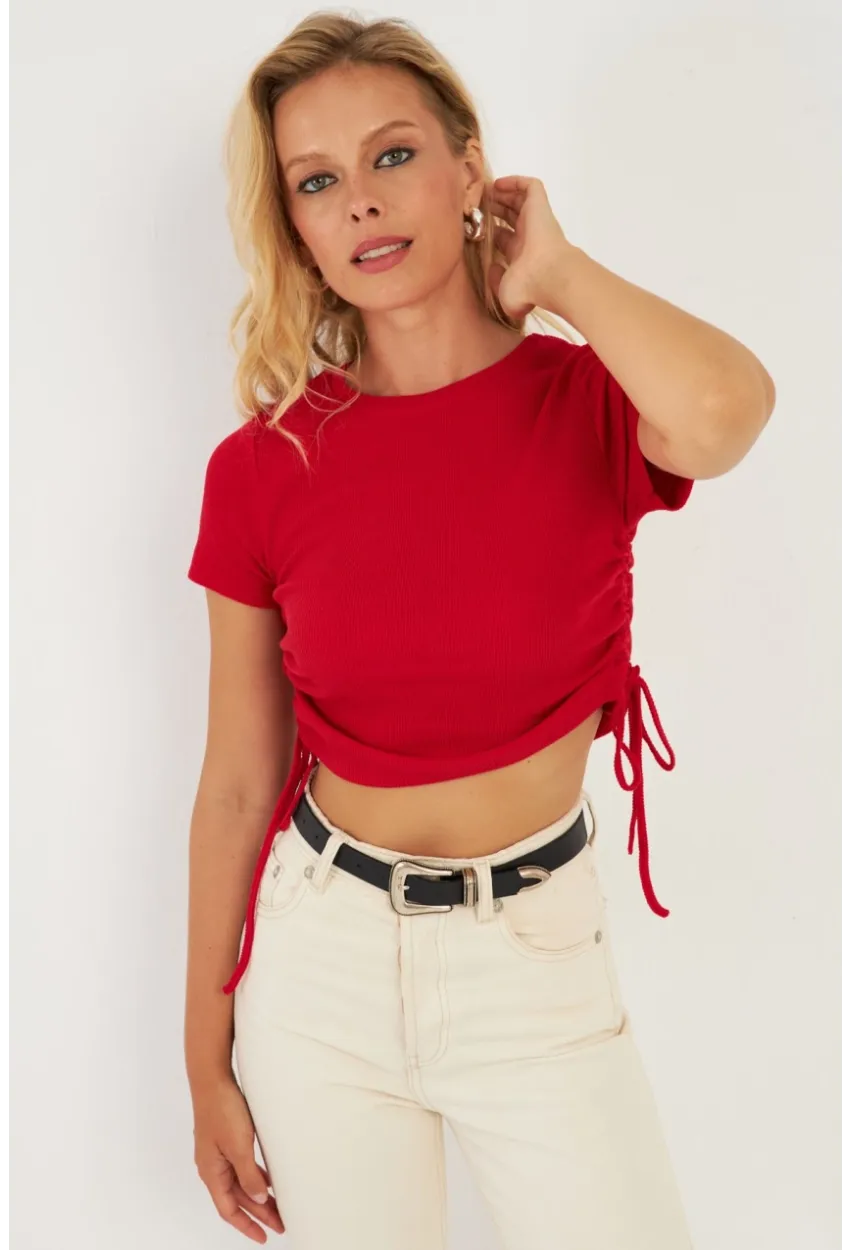 Kadın Kırmızı Yanları Büzgülü Kaşkorse Bluz AYD355