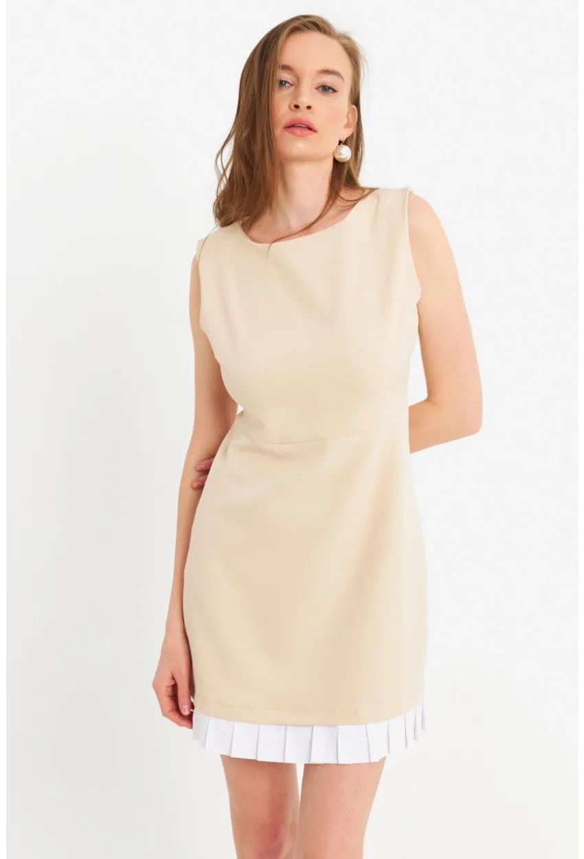 Kadın Krem Kontrast Pileli Mini Elbise FRY100
