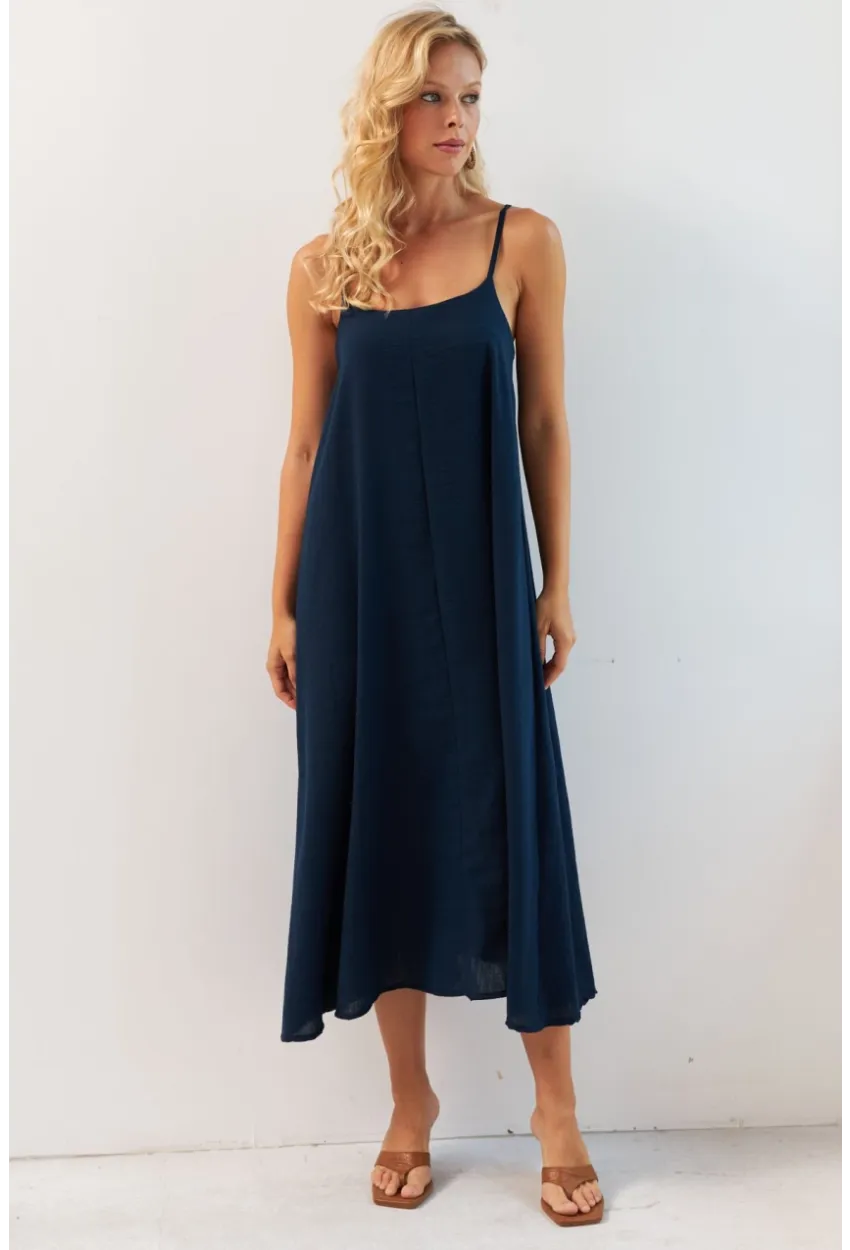Kadın Lacivert Ayarlanabilir Askılı Midi Keten Elbise DMR355