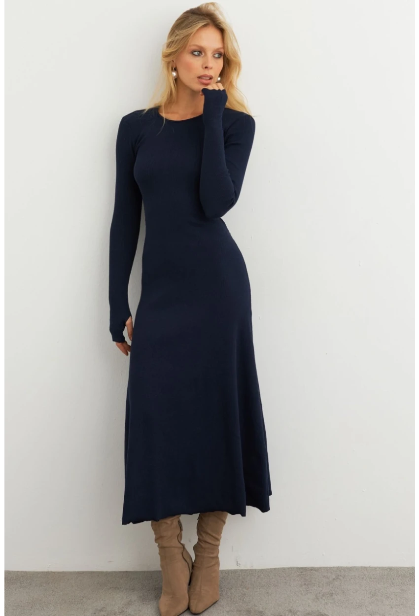 Kadın Lacivert Bağlamalı Kaşkorse Midi Elbise MFRY2268