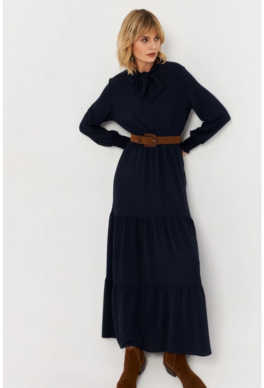 Kadın Lacivert Boyun Bağlamalı Maxi Elbise MASF217