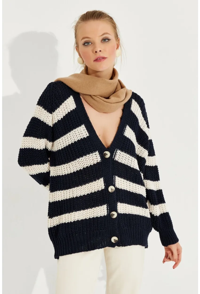 Kadın Lacivert Çizgili Salaş Hırka MİW8061