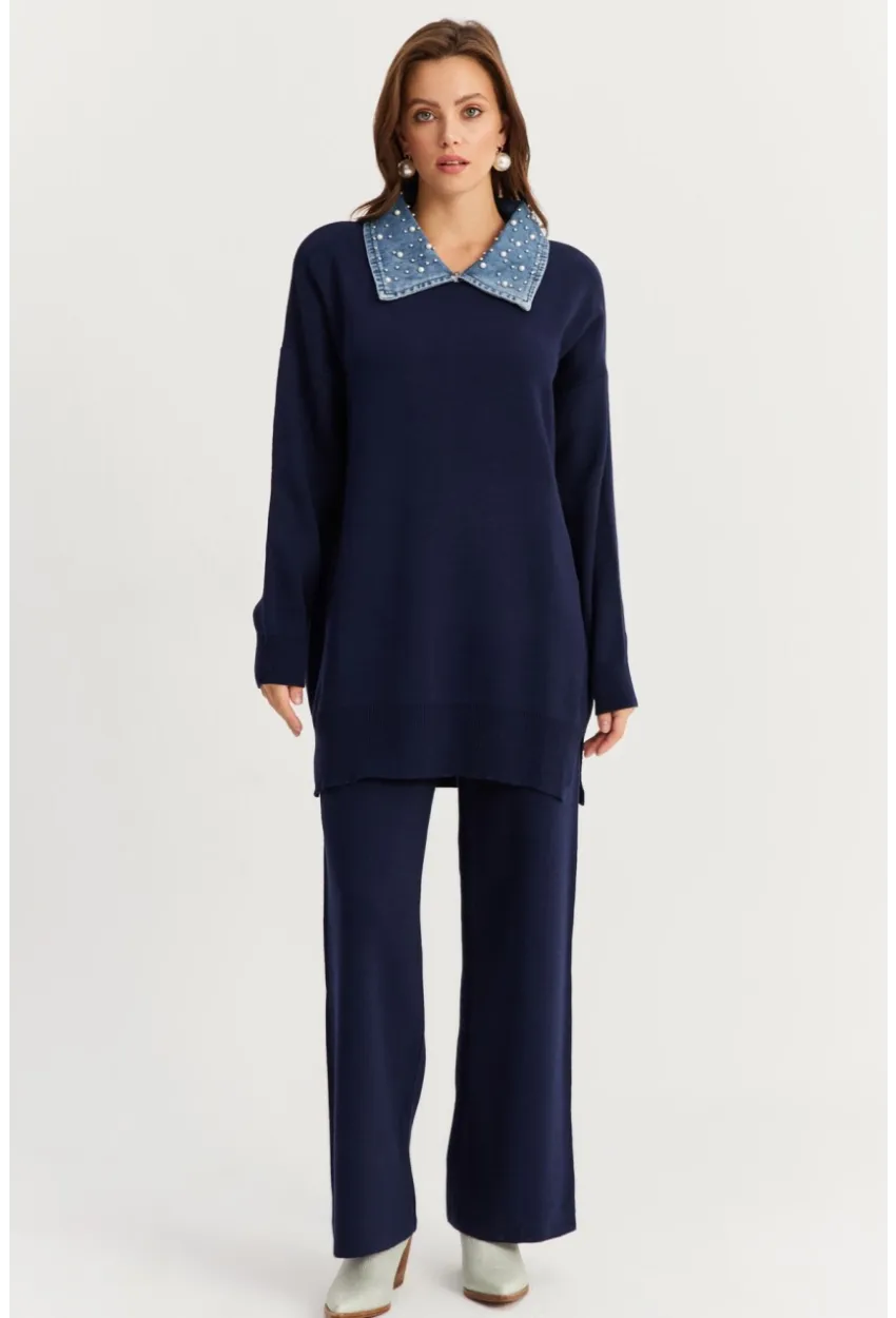 Kadın Lacivert Denim Yakalı İncili Alt Üst Triko Takım MNUV22