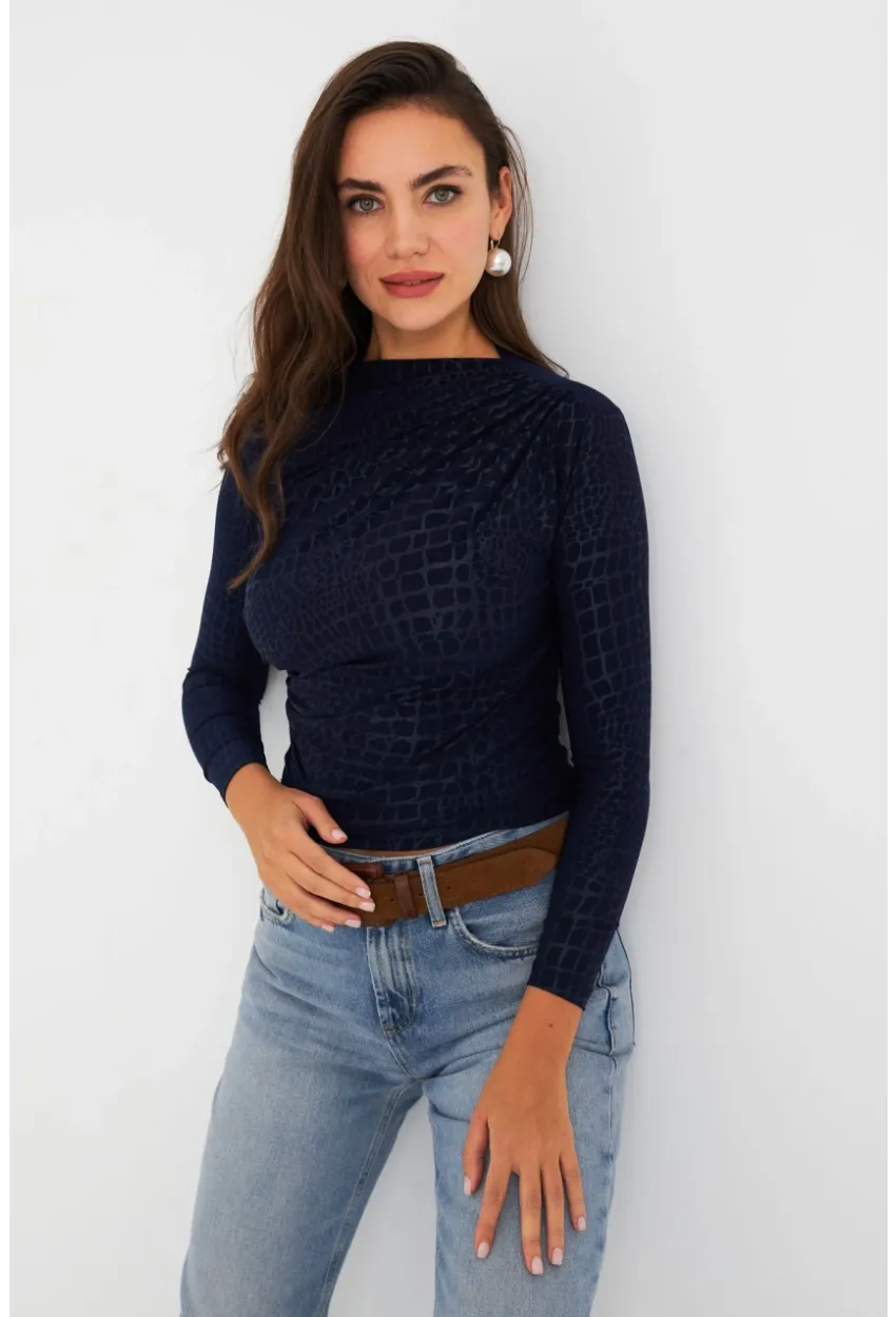 Kadın Lacivert Desenli Büzgülü Bluz LPP1279