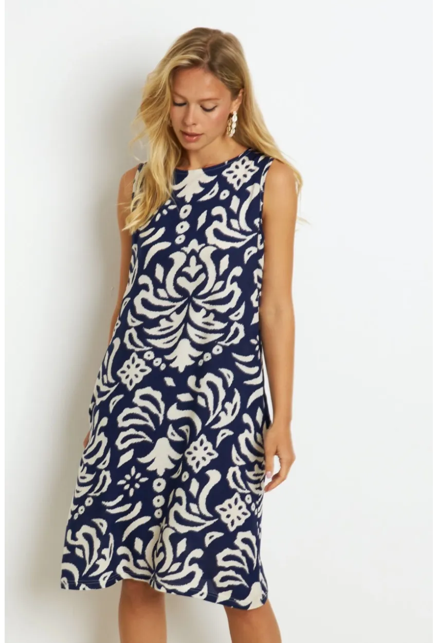 Kadın Lacivert Desenli Cepli Midi Elbise YZ1059