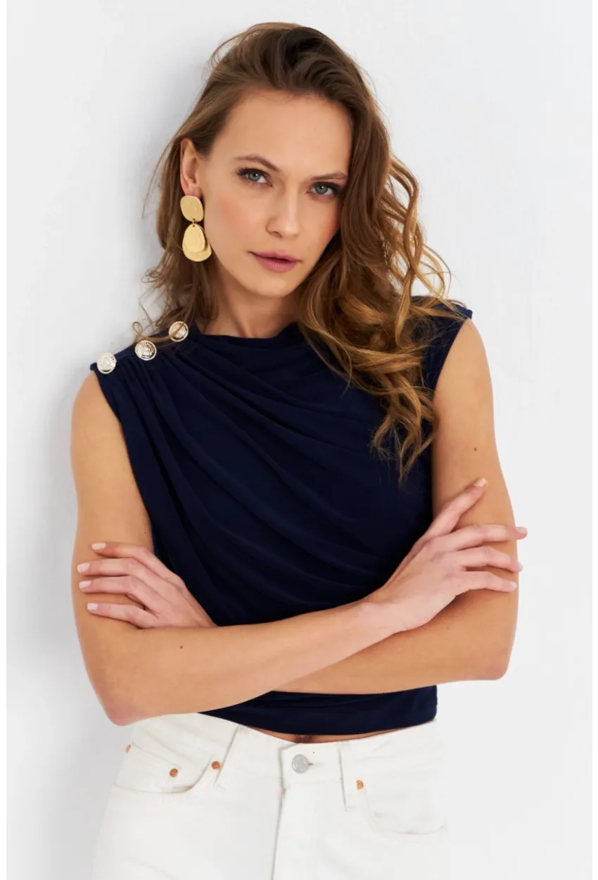 Kadın Lacivert Düğme Detaylı Büzgülü Bluz LPP1205-1
