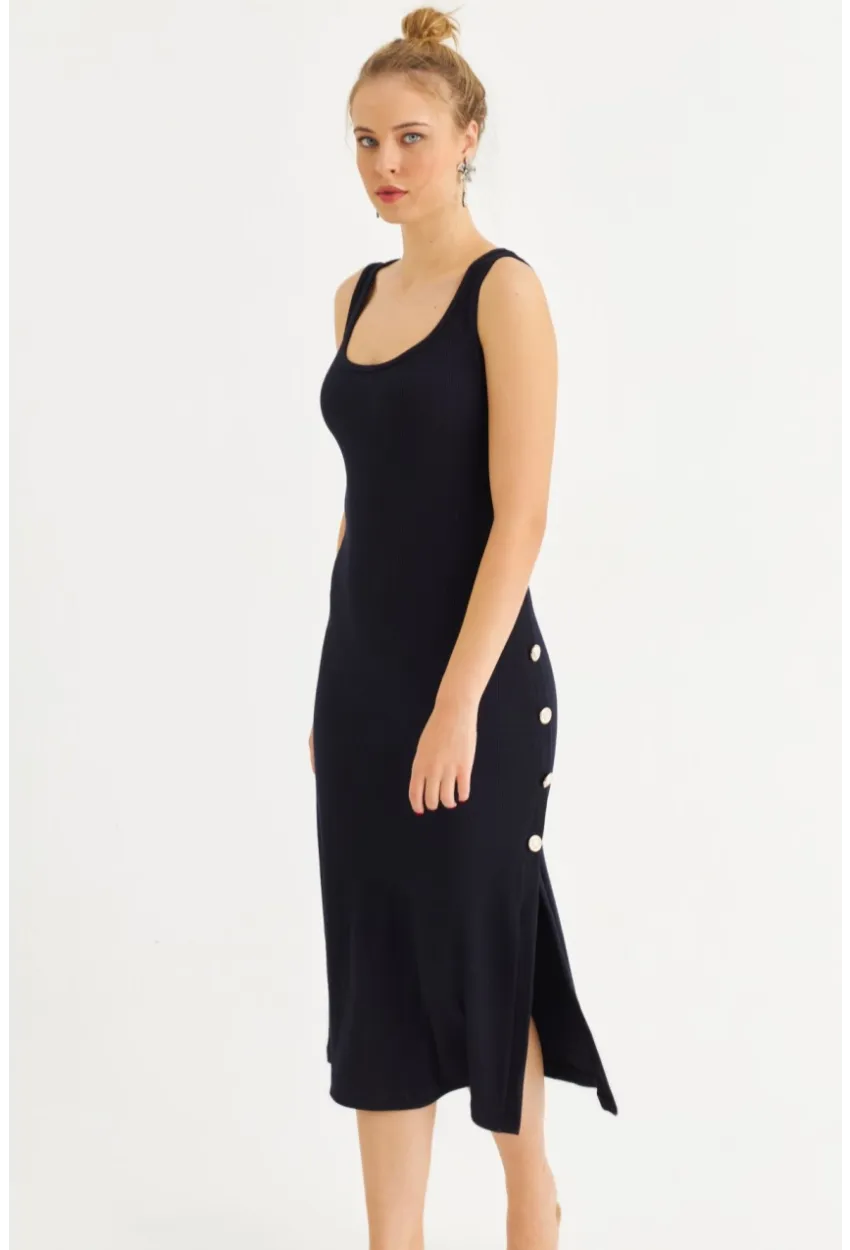 Kadın Lacivert Düğme Detaylı Kaşkorse Midi Elbise EY2837