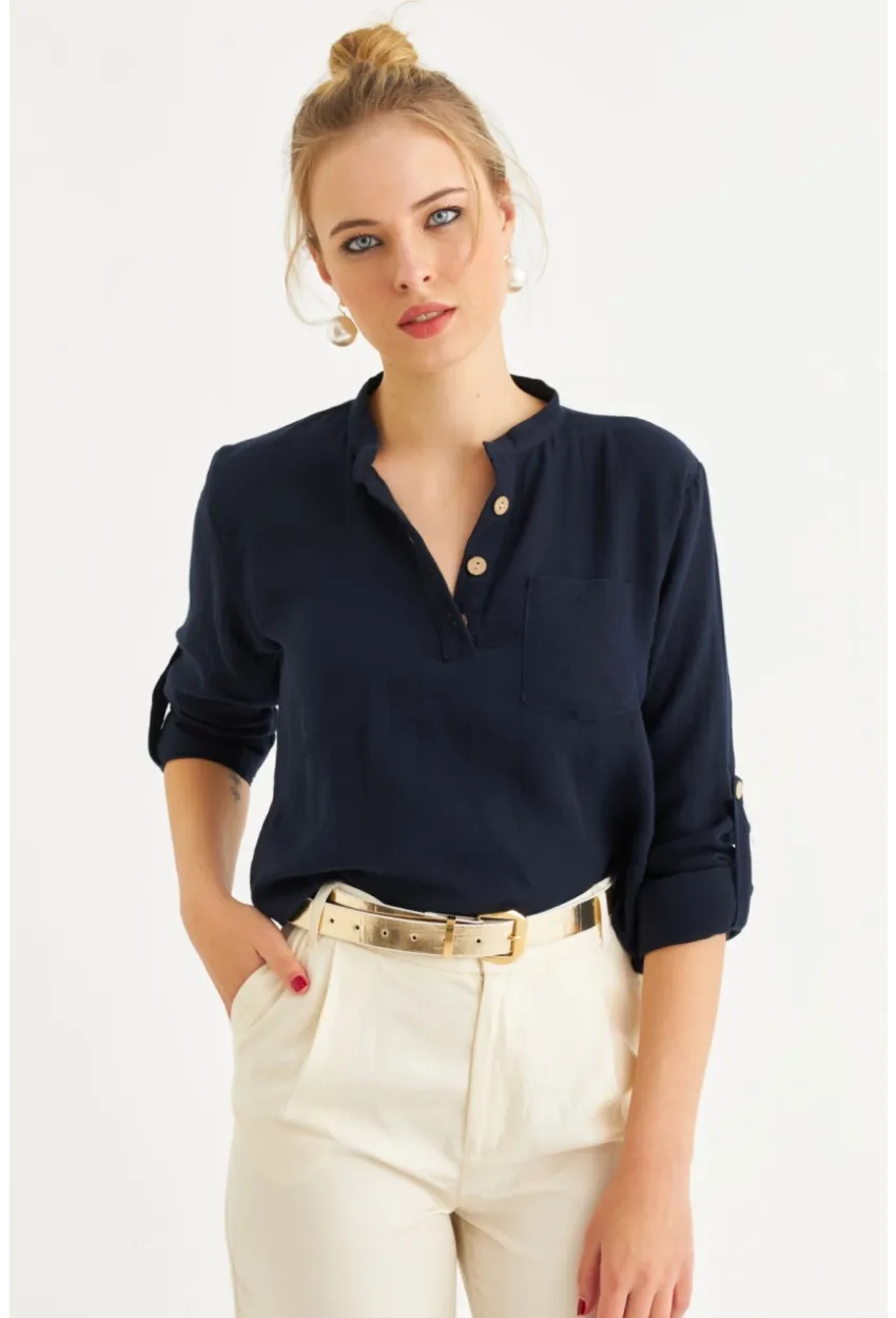 Kadın Lacivert Düğmeli Keten Gömlek Bluz BTH17