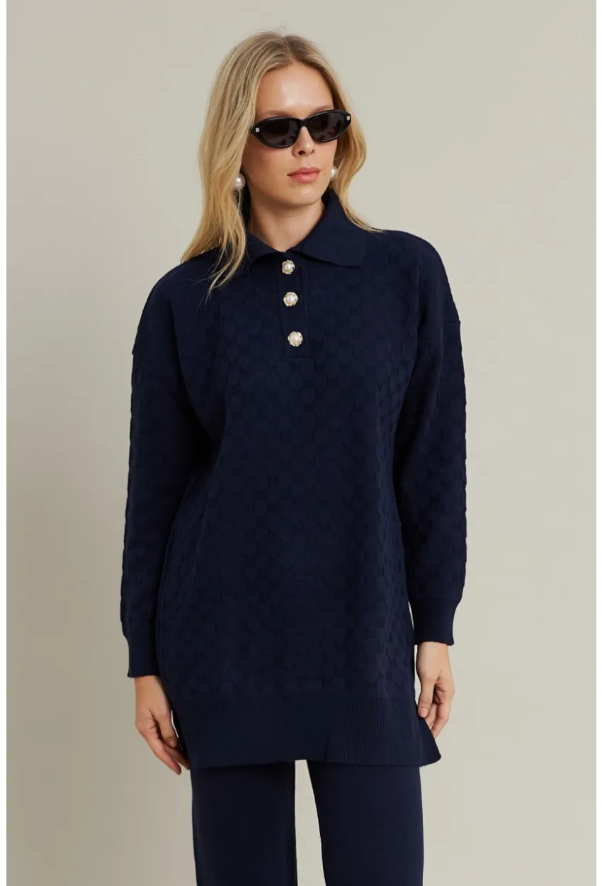 Kadın Lacivert İnci Düğmeli Triko Alt Üst Takım MNUV33