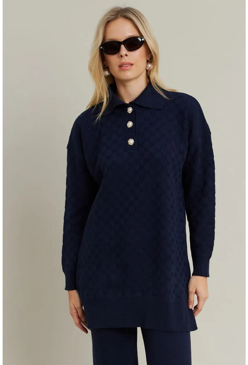 Kadın Lacivert İnci Düğmeli Triko Alt Üst Takım MNUV33