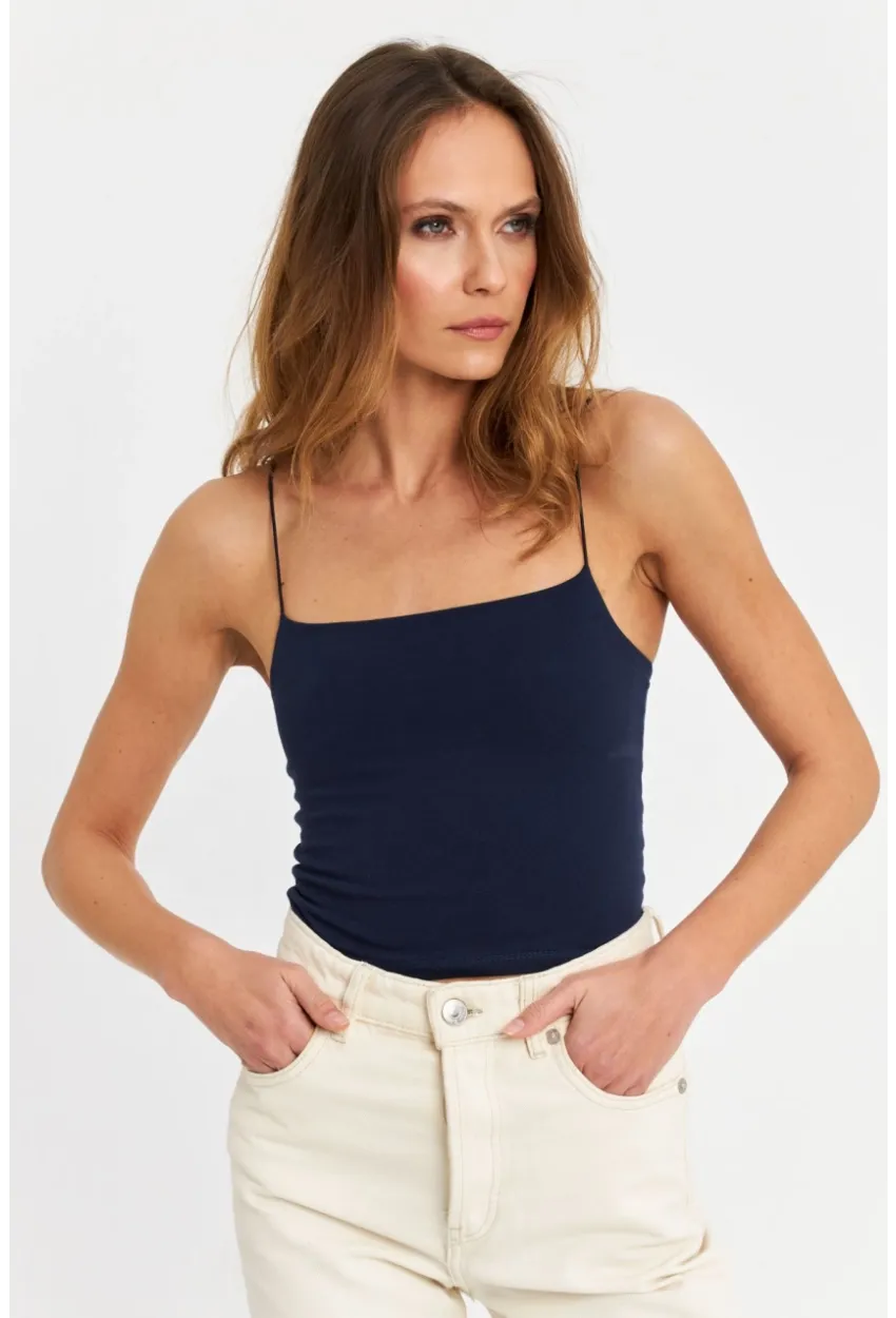 Kadın Lacivert İp Askılı Crop Bluz EV63