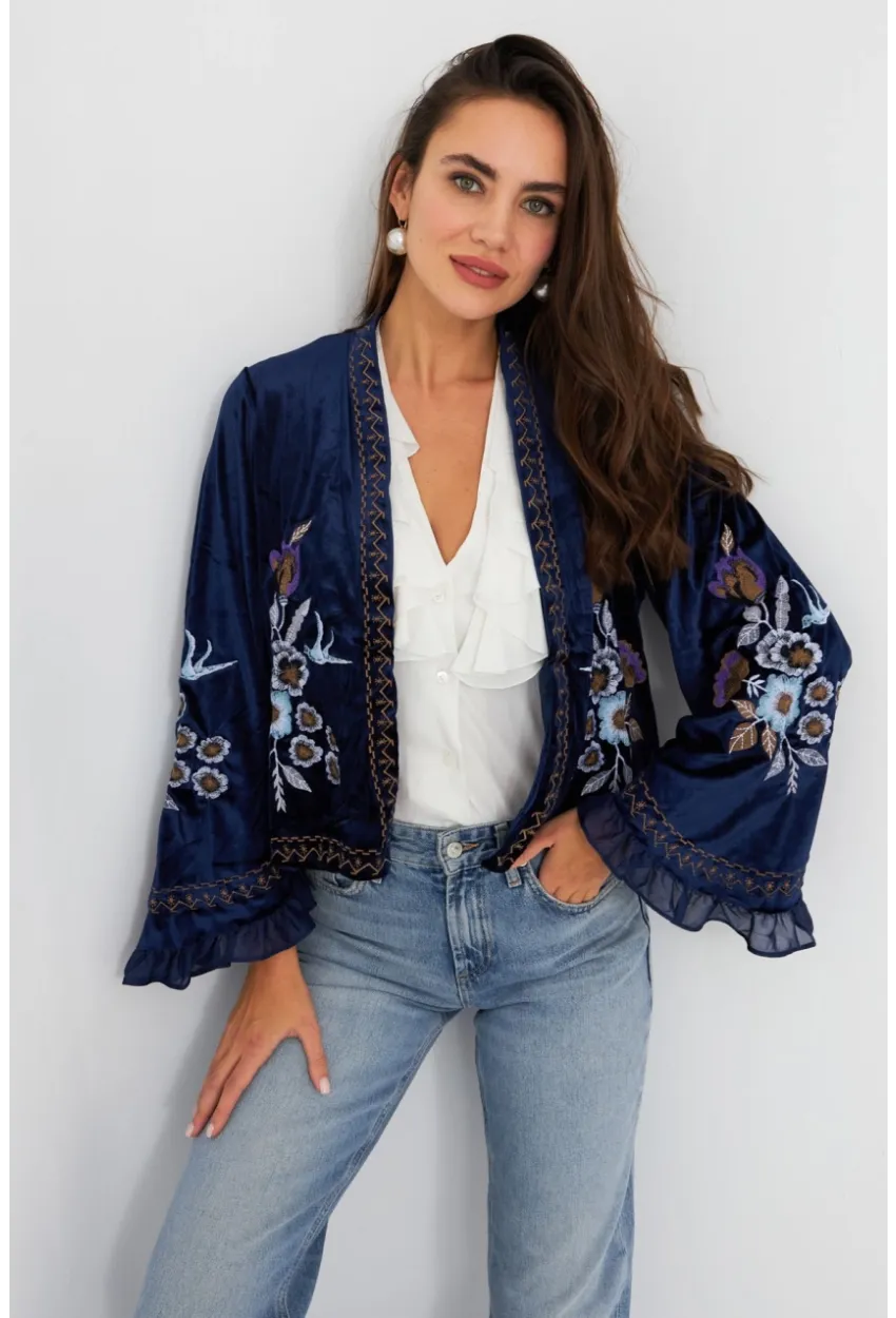 Kadın Lacivert İspanyol Kol Nakışlı Kadife Ceket QS5577