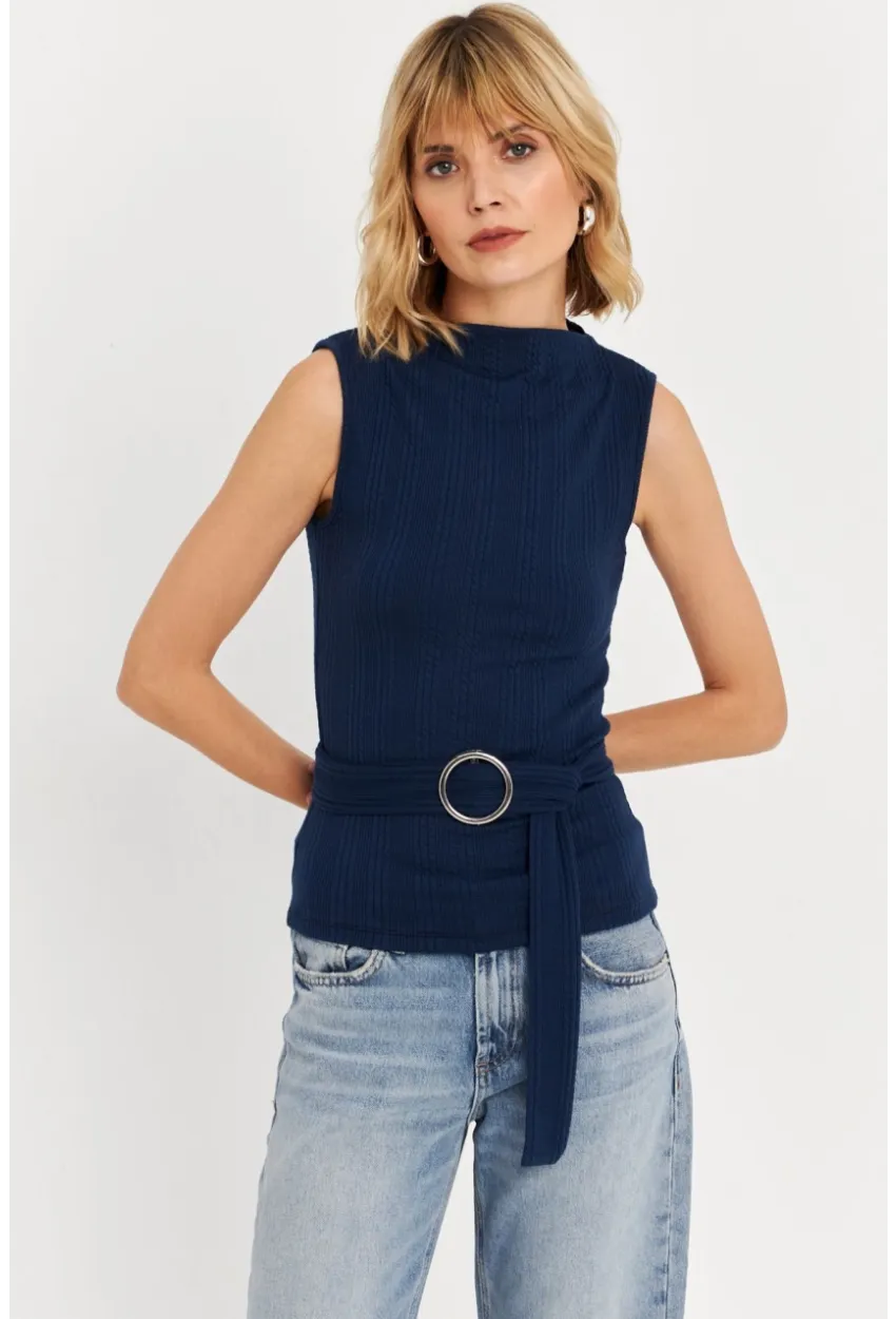 Kadın Lacivert Kemer Aksesuarlı Bluz TF67