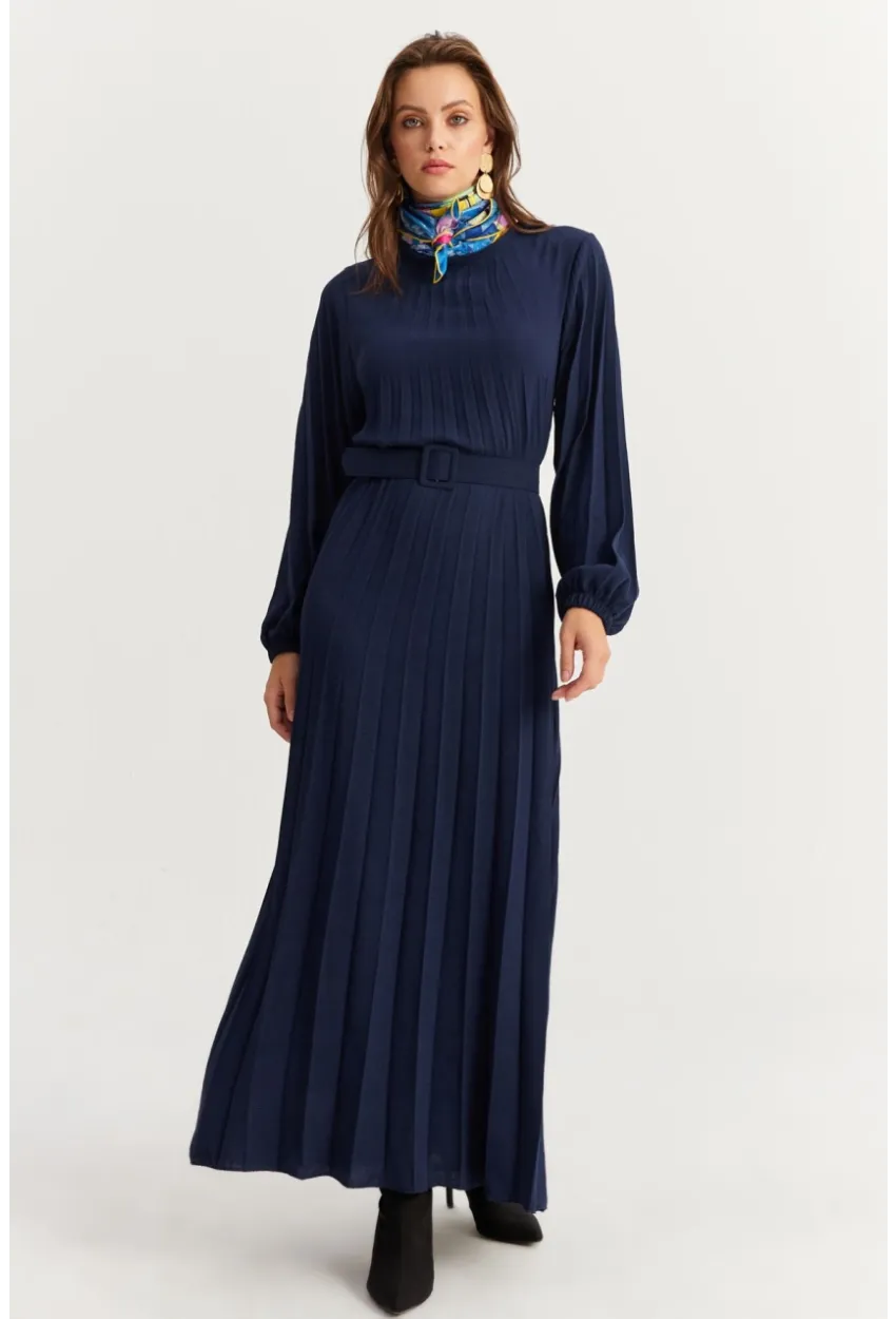 Kadın Lacivert Kemerli Plili Maxi Elbise ALZ500