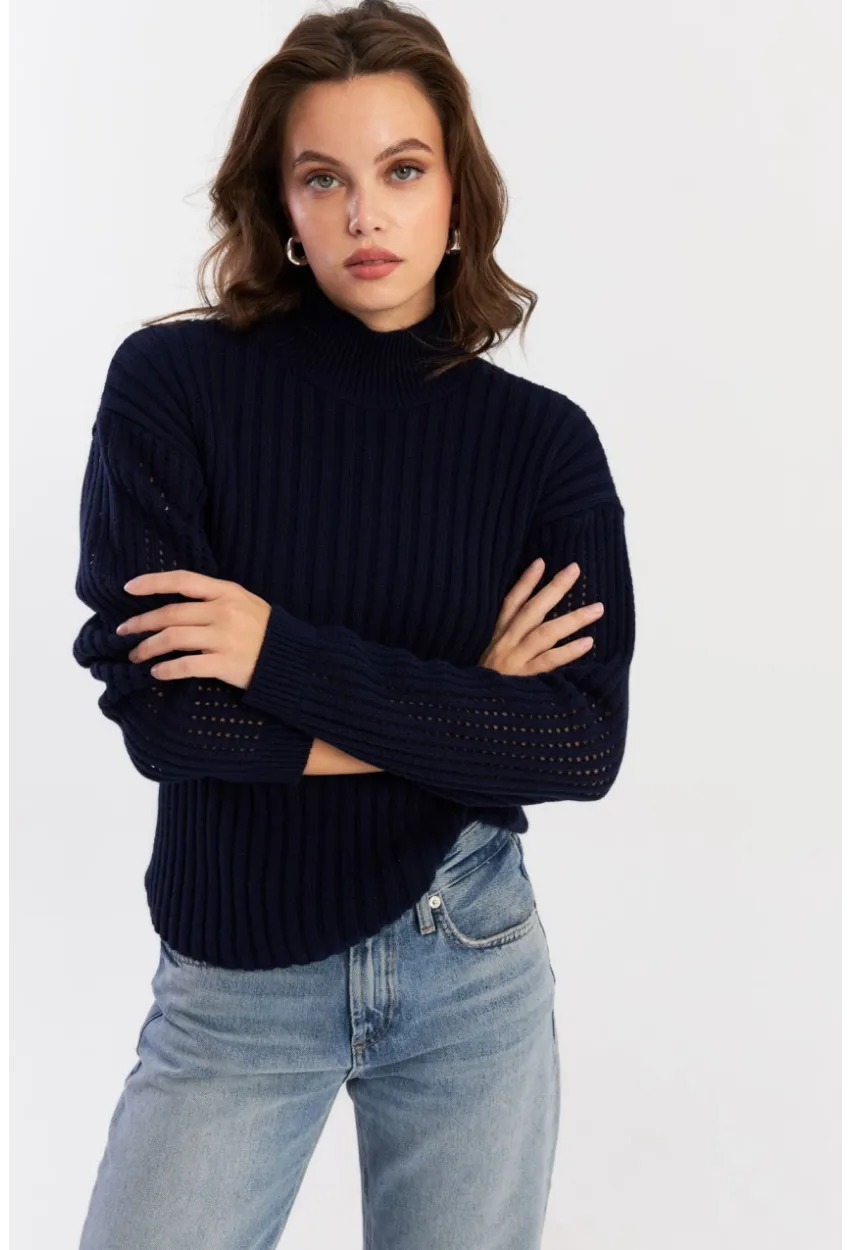 Kadın Lacivert Kolları File Triko Bluz YV288