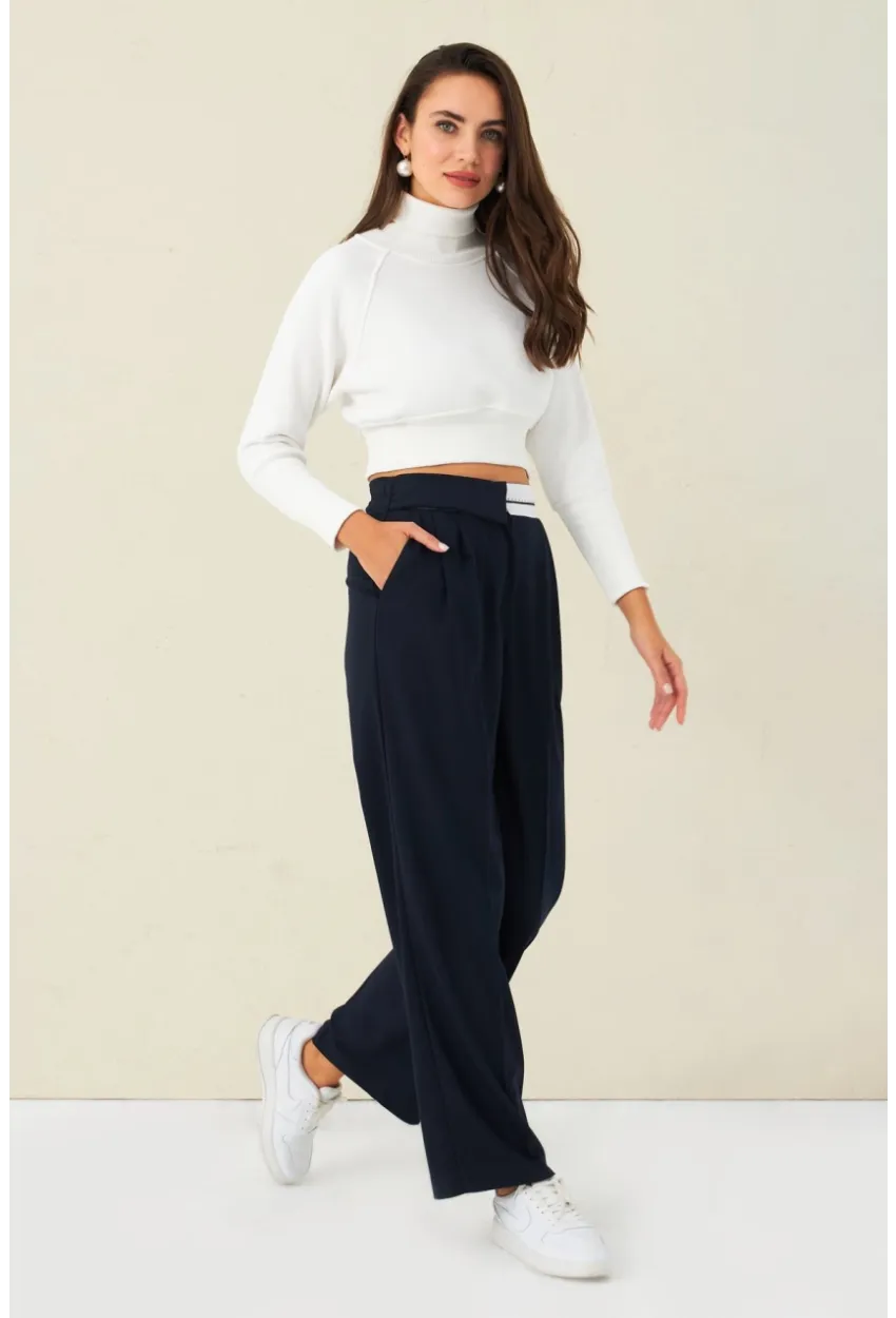Kadın Lacivert Kontrast Bel Kumaşlı Pantolon ELA6078