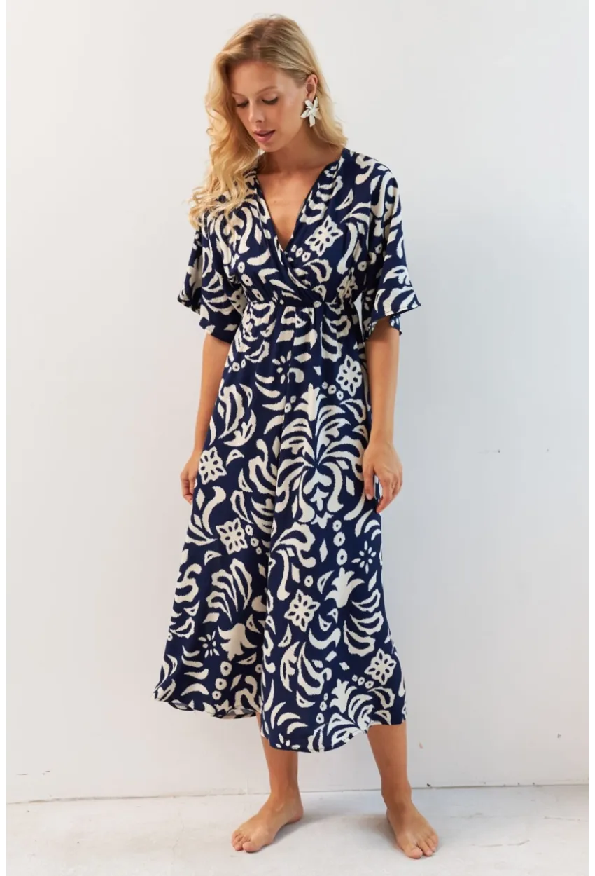 Kadın Lacivert Kruvaze Desenli Midi Elbise YZ1152