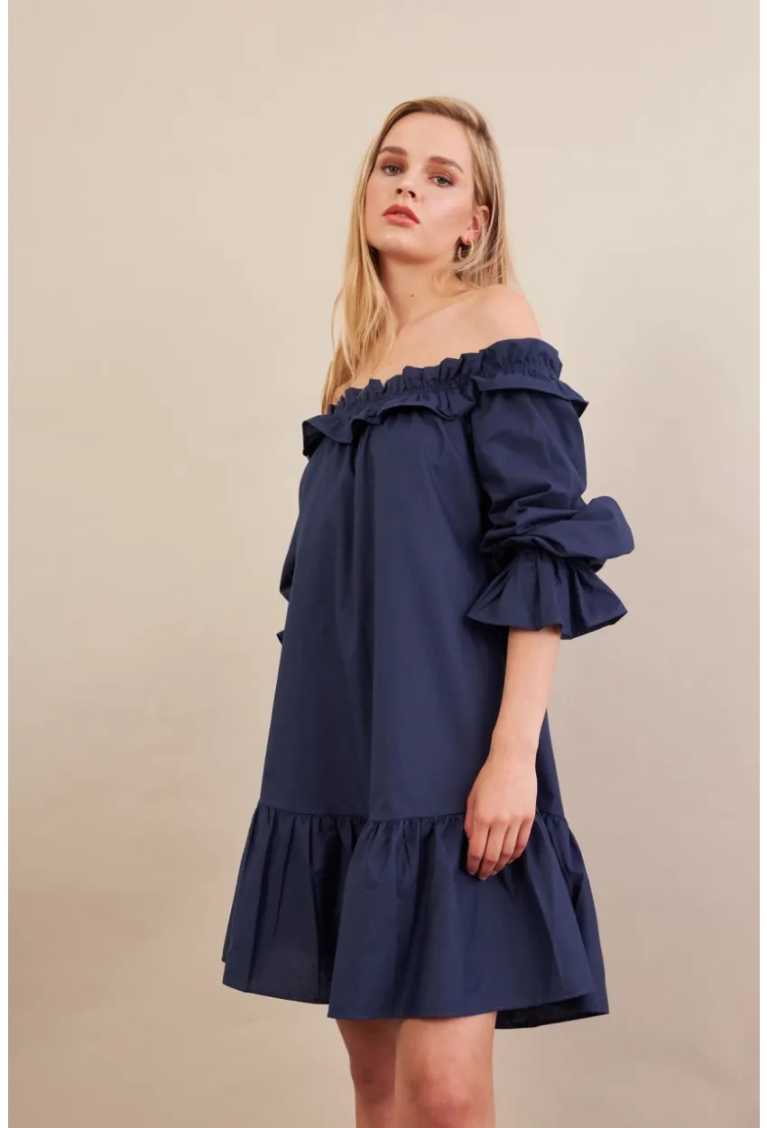Kadın Lacivert Madonna Yaka Midi Elbise PSG1012