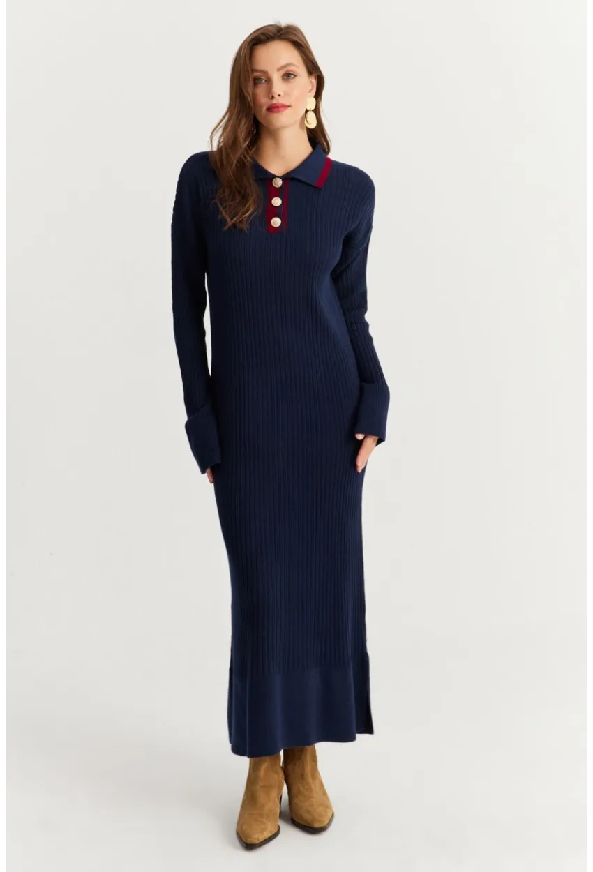 Kadın Lacivert Polo Yaka Triko Maxi Elbise MNUV17