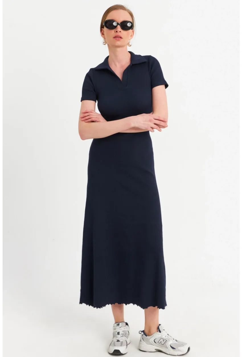 Kadın Lacivert Sırt Bağlamalı Kaşkorse Midi Elbise MFRY0001