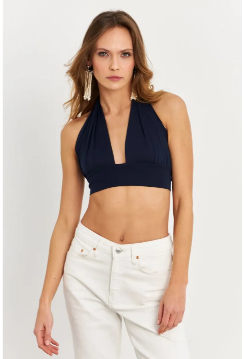 Kadın Lacivert Sırt Ve Boyun Bağlamalı Bluz EY1472