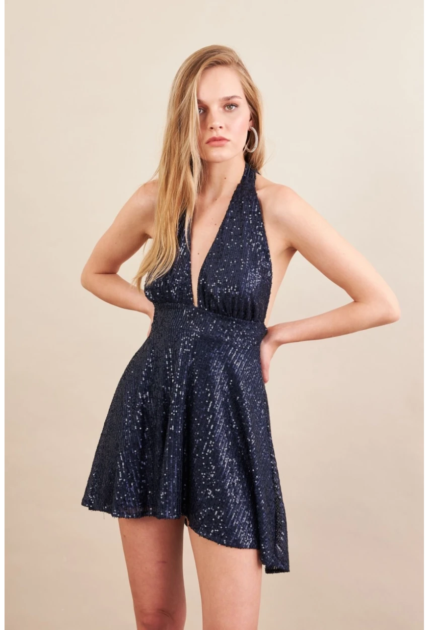 Kadın Lacivert Sırtı Açık Payetli Astarlı Mini Elbise DCF046