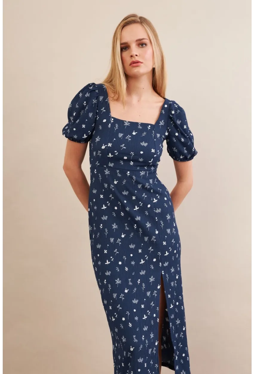 Kadın Lacivert Sırtı Detaylı Çiçekli Midi Elbise CHN103