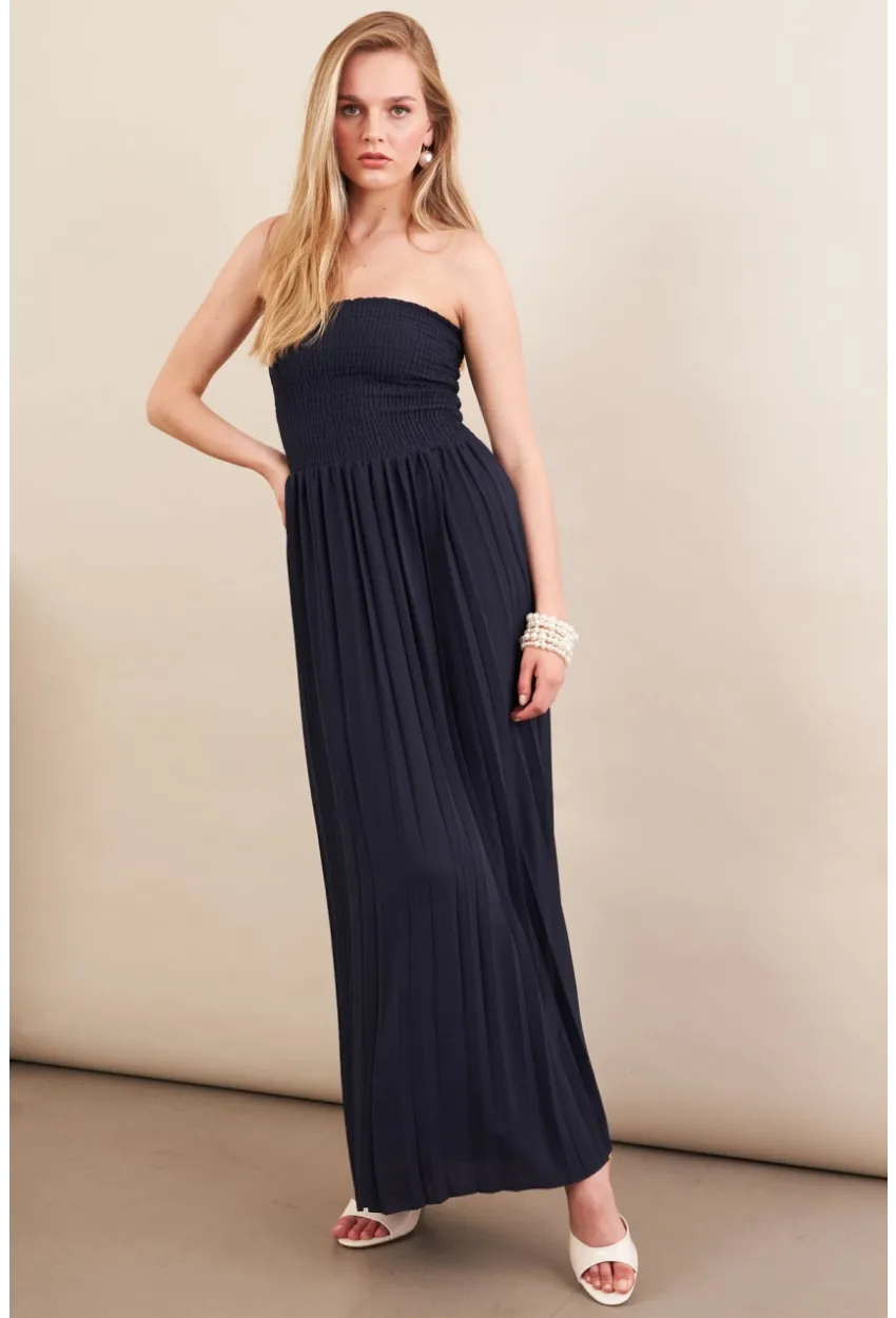 Kadın Lacivert Straplez Yaka Midi Elbise MSİ100