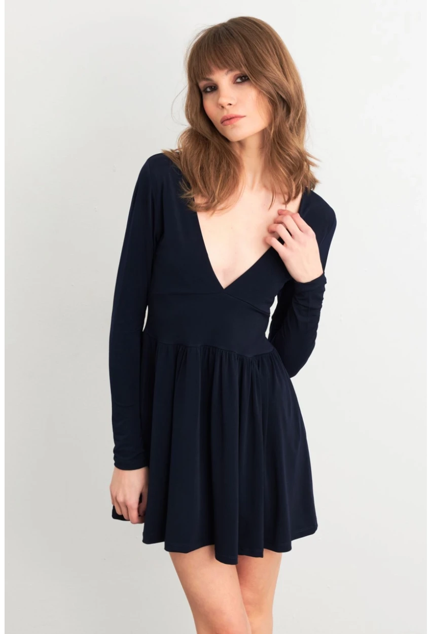 Kadın Lacivert V Yaka Mini Elbise LİK17