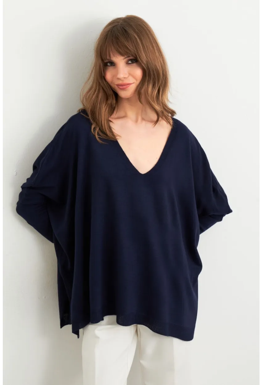 Kadın Lacivert V Yaka Salaş Bluz YV304