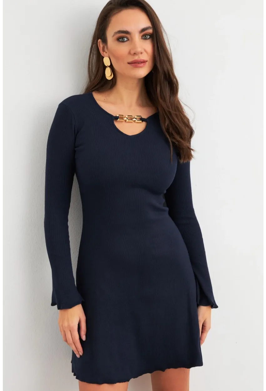 Kadın Lacivert Yakası Aksesuarlı Mini Elbise FRY2267