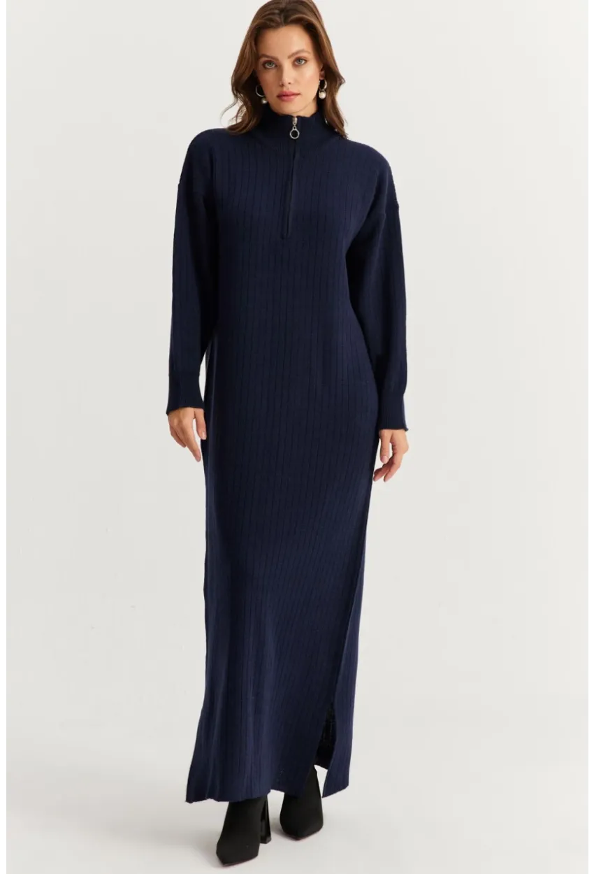 Kadın Lacivert Yakası Fermuarlı Triko Maxi Elbise MNUV10
