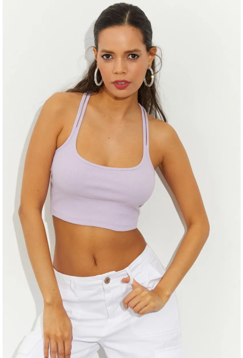 Kadın Lila Sırtı Halkalı Kaşkorse Crop Bluz B2552