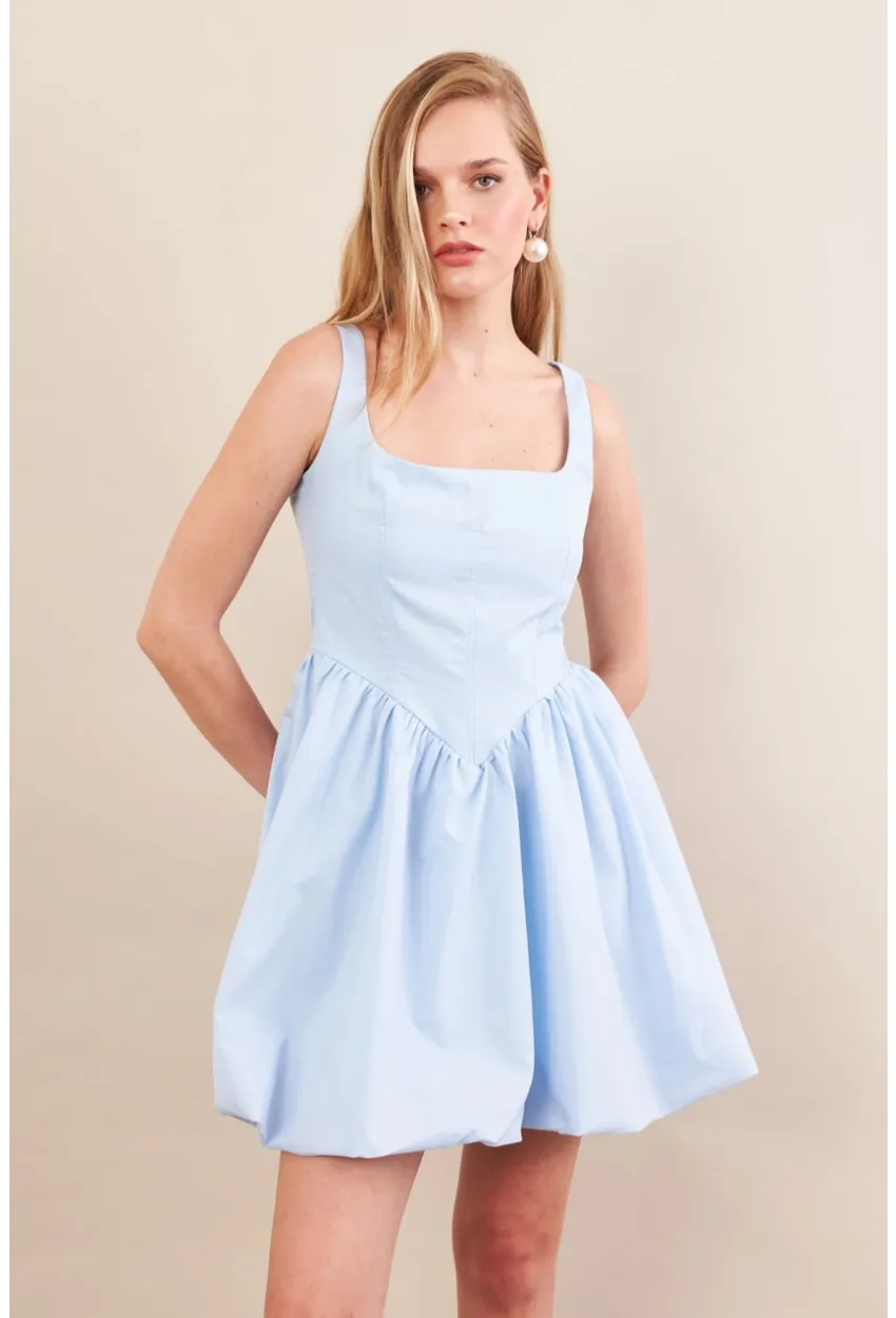 Kadın Mavi Askılı Mini Balon Elbise ERL105