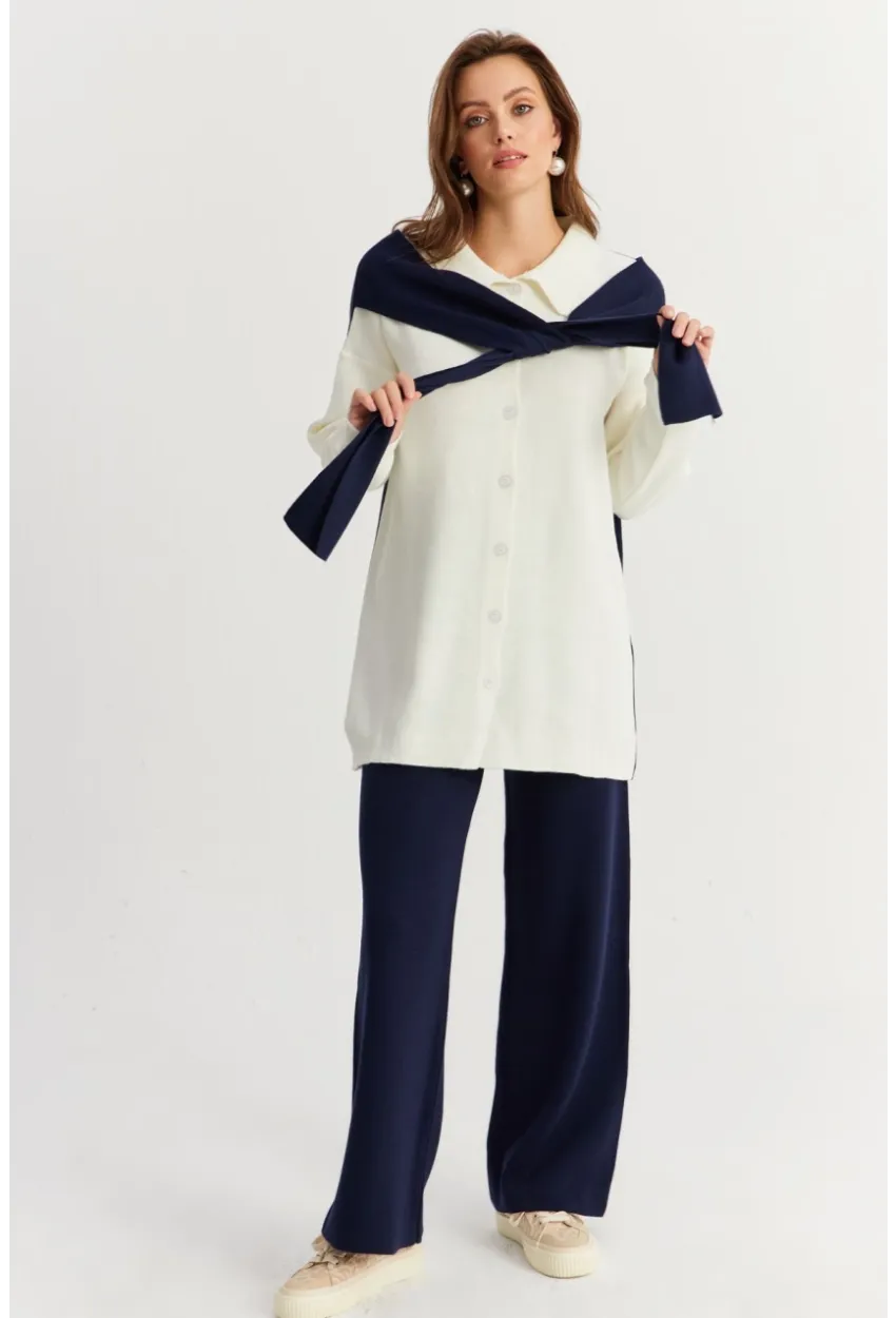 Kadın Mavi Atkılı Triko Hırka Alt Üst Takım NUV20