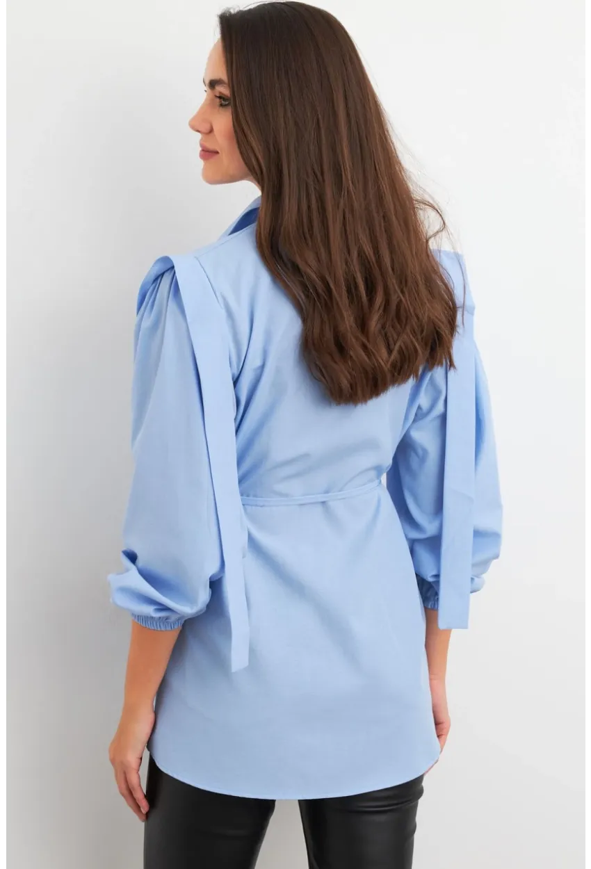 Kadın Mavi Bağlama Detaylı Basic Gömlek MASF185