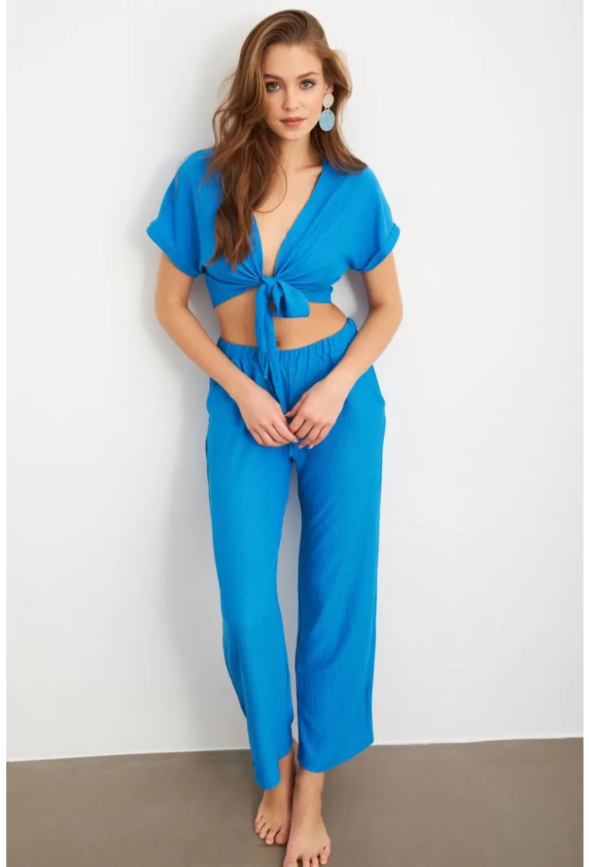 Kadın Mavi Bağlamalı Bürümcük Takım Q1012