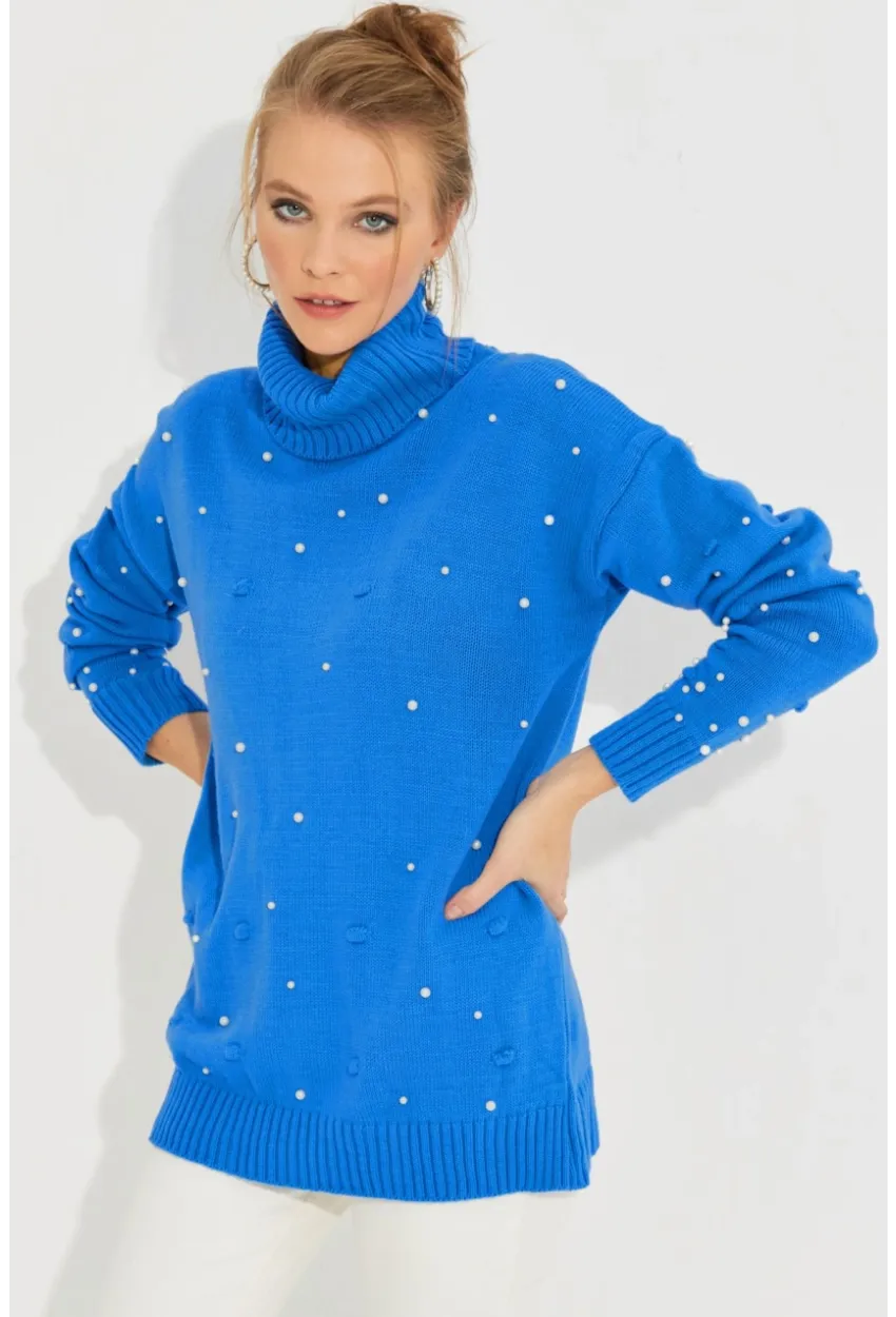Kadın Mavi Balıkçı Yaka İncili Triko Kazak MSS129