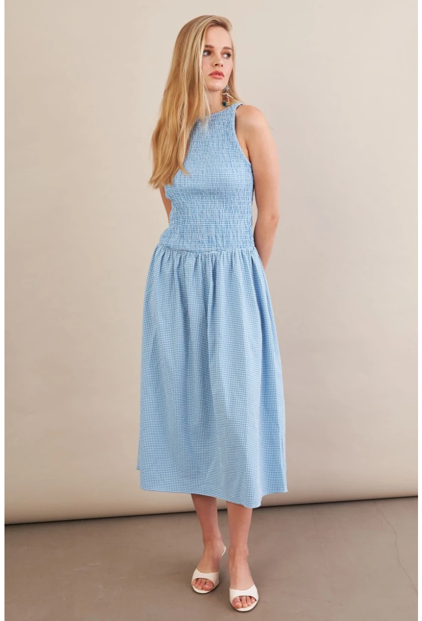 Kadın Mavi Beli Lastikli Gipeli Midi Elbise ZH130