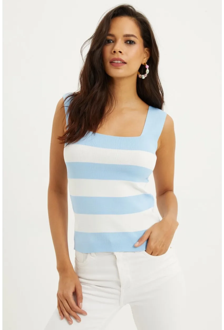 Kadın Mavı-Beyaz Kare Yaka Triko Bluz YV80