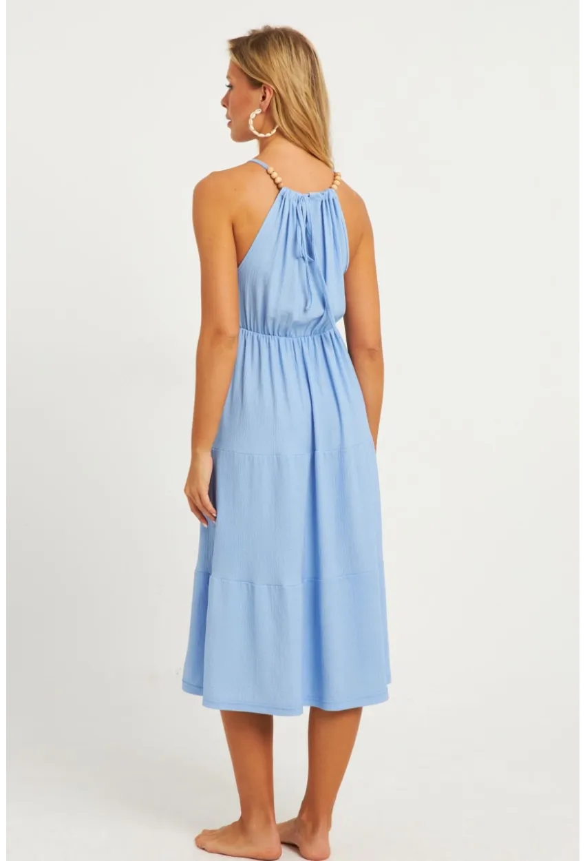 Kadın Mavi Boncuk Detaylı Bürümcük Midi Elbise HO52