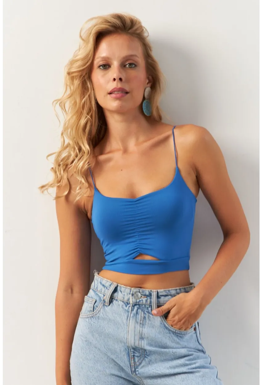 Kadın Mavi Büzgülü Crop Bluz MSH125