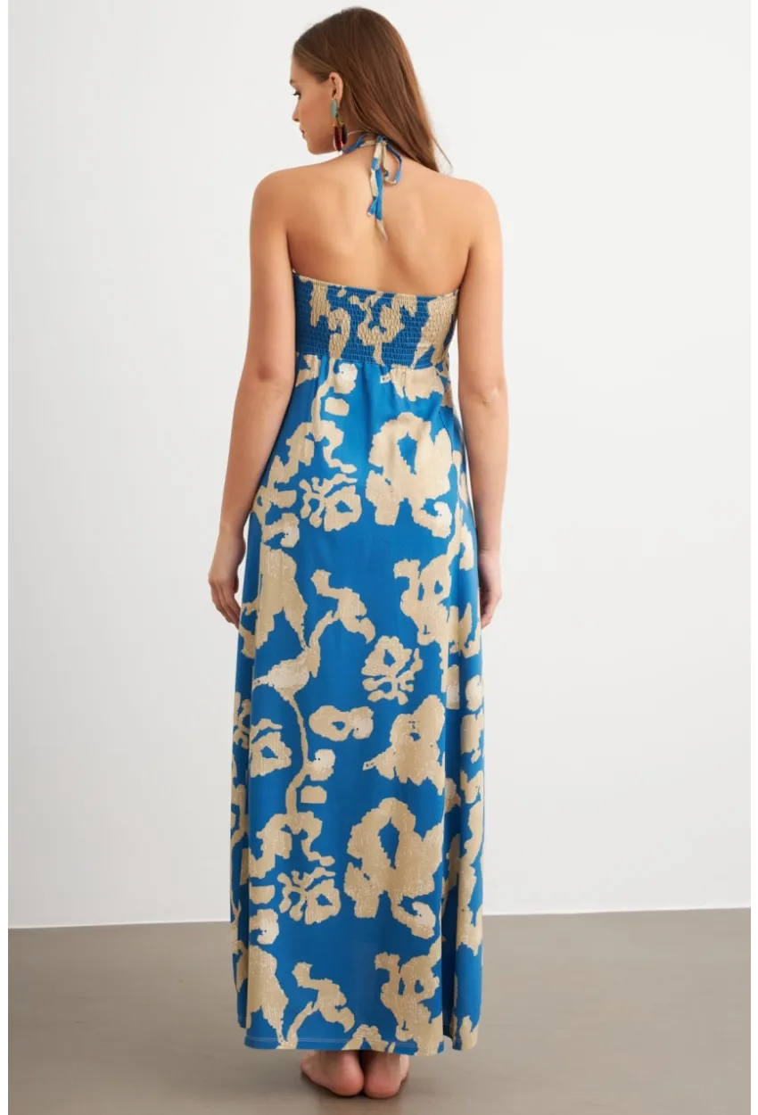 Kadın Mavi Büzgülü Desenli Midi Elbise KAB304