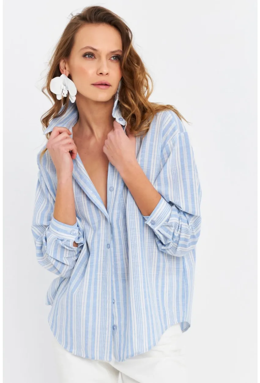 Kadın Mavi Çizgili Keten Gömlek ROP102