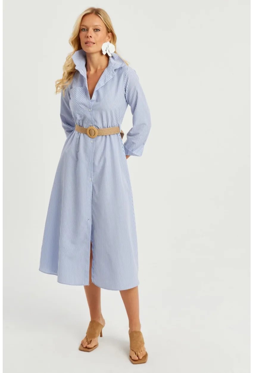 Kadın Mavi Çizgili Midi Gömlek Elbise PP5515